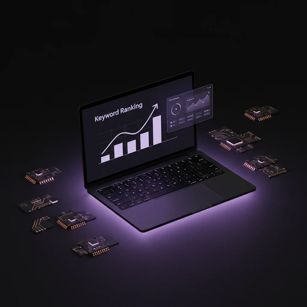 SaaSRank illustration: Dark laptop with keyword ranking chart and tech product UI, circuit board accents on dark surface — saas-rank.com
