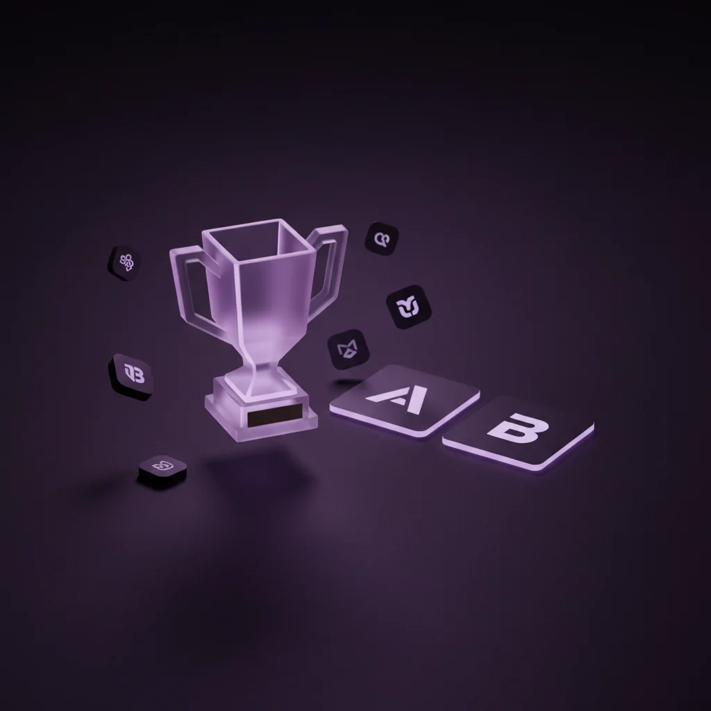 SaaSRank illustration: Trophy, comparison cards, and SaaS logo badges on dark editorial surface — saas-rank.com