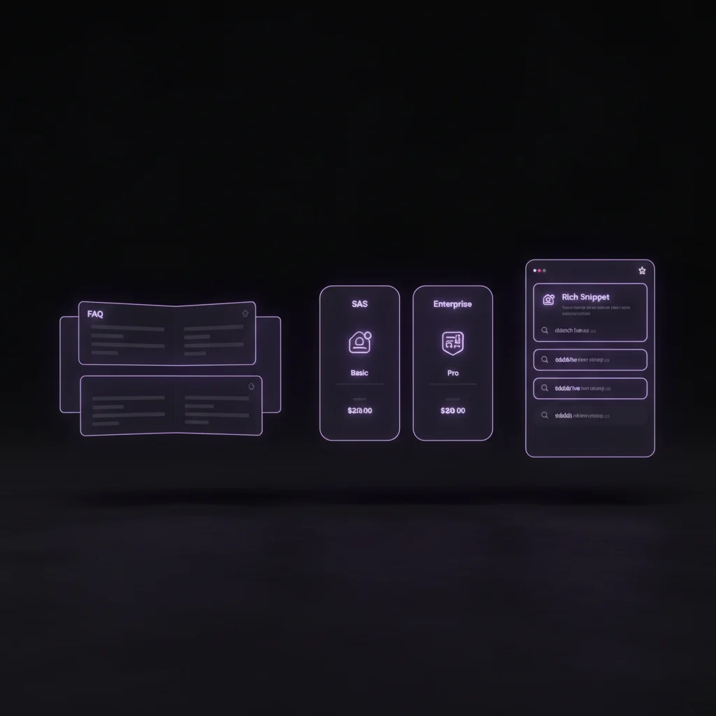 SaaSRank illustration: FAQ accordion UI, SaaS pricing tier cards, and search rich snippet on dark editorial surface — saas-rank.com
