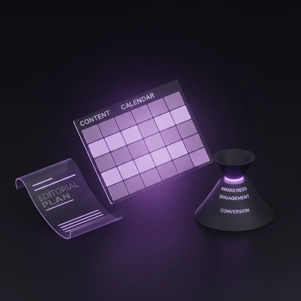 SaaSRank illustration: Content calendar, editorial plan, and funnel stages on dark editorial surface — saas-rank.com