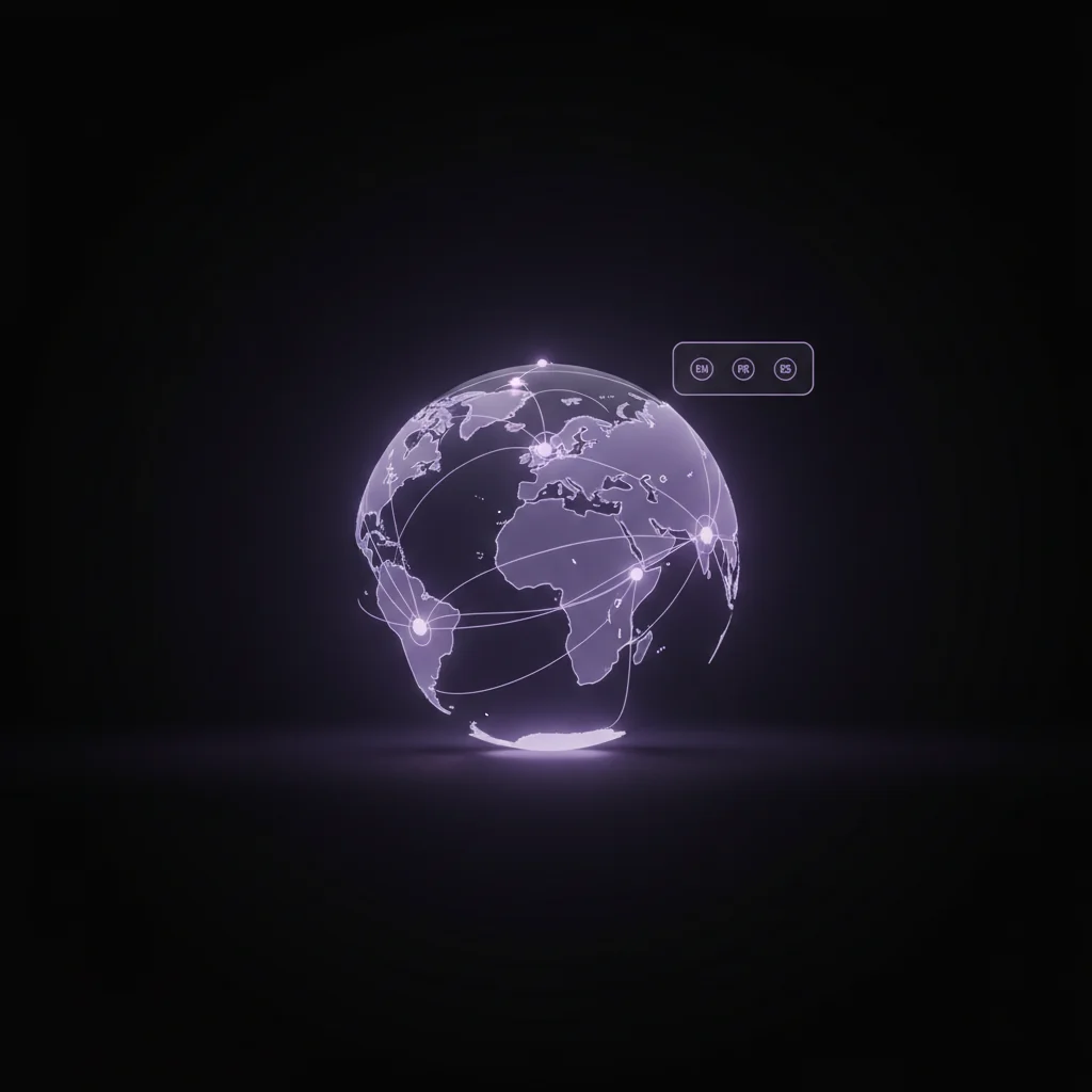 SaaSRank illustration: Glowing world globe with connection nodes and language switcher UI on dark editorial surface — saas-rank.com