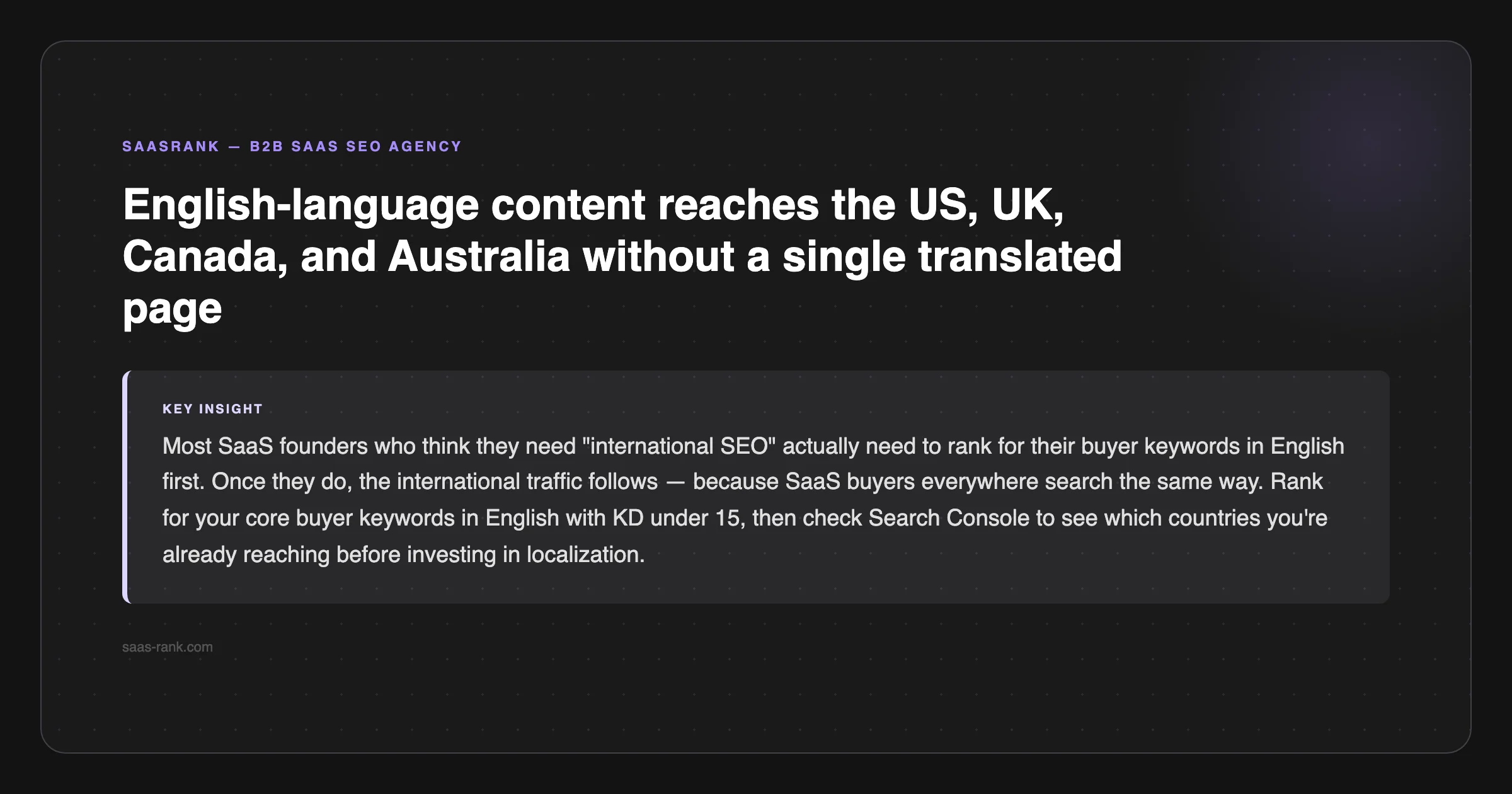 SaaSRank tip: English-language content reaches the US, UK, Canada, and Australia without a single translated page — saas-rank.com