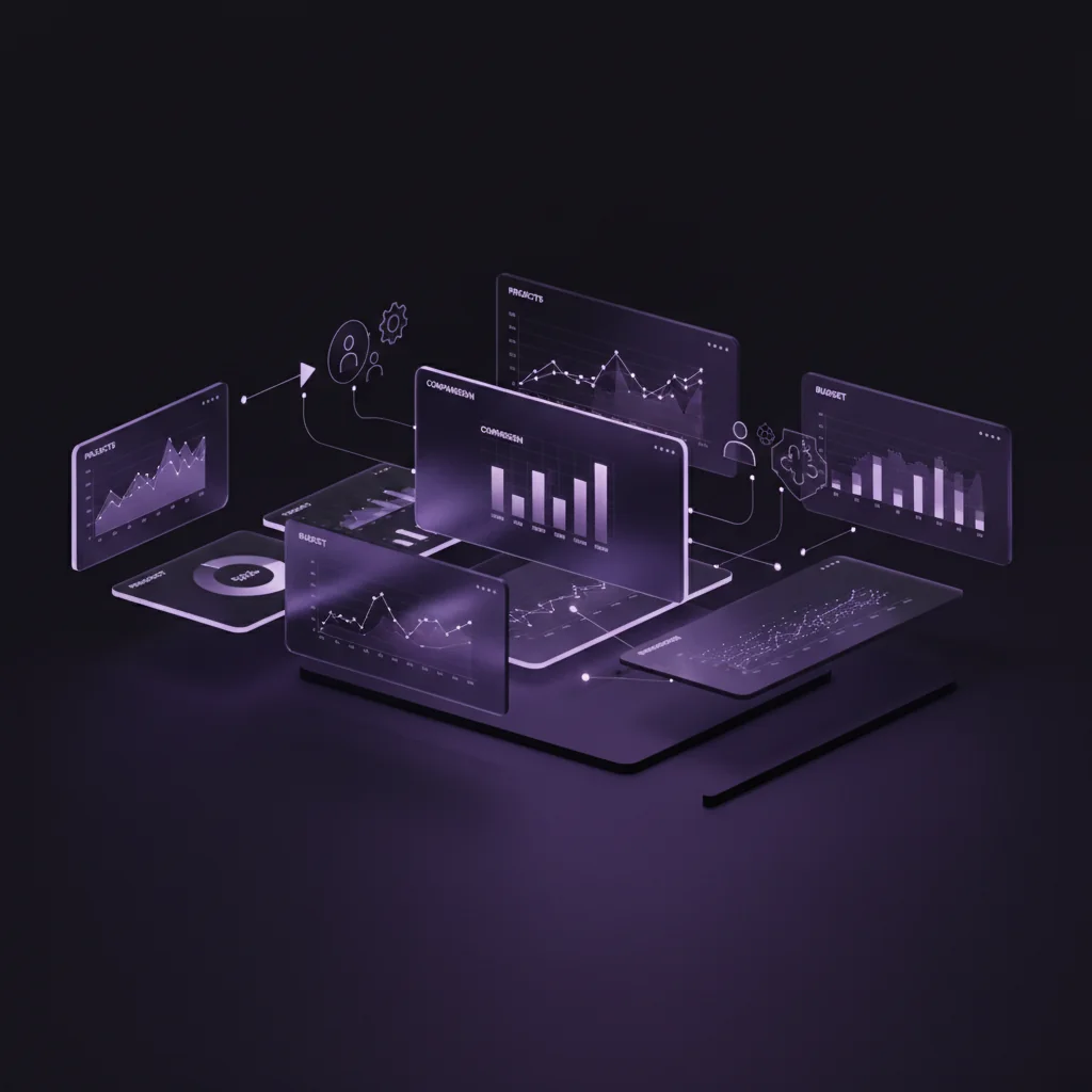 SaaSRank illustration: Agency analytics dashboard with team workflow icons and floating metric panels on dark surface — saas-rank.com