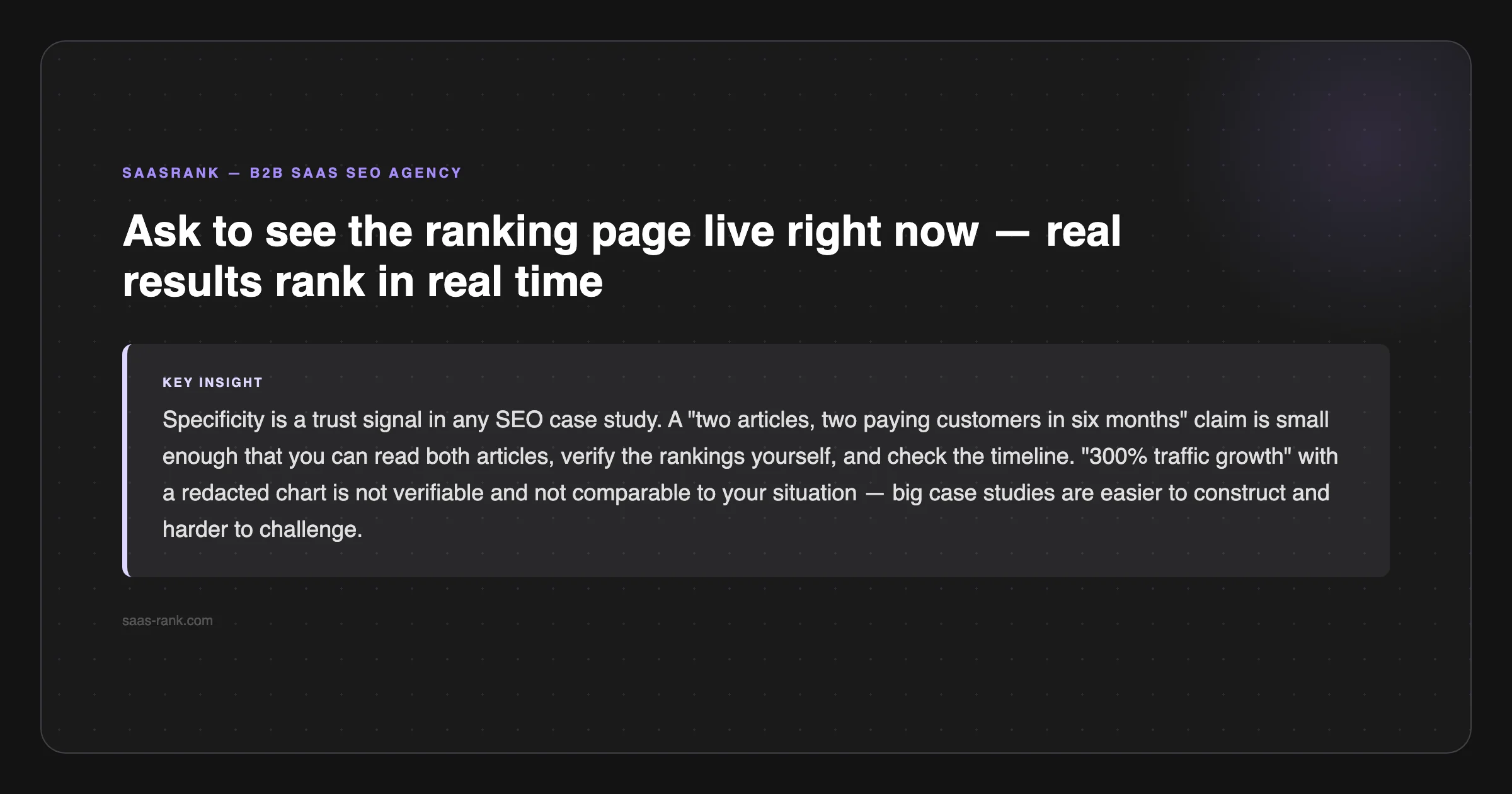 SaaSRank tip: Ask to see the ranking page live right now — real results rank in real time — saas-rank.com