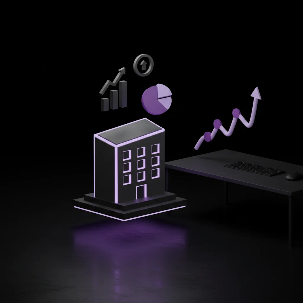 SaaSRank illustration: Company building with SEO metrics and organic traffic growth chart on dark editorial surface — saas-rank.com