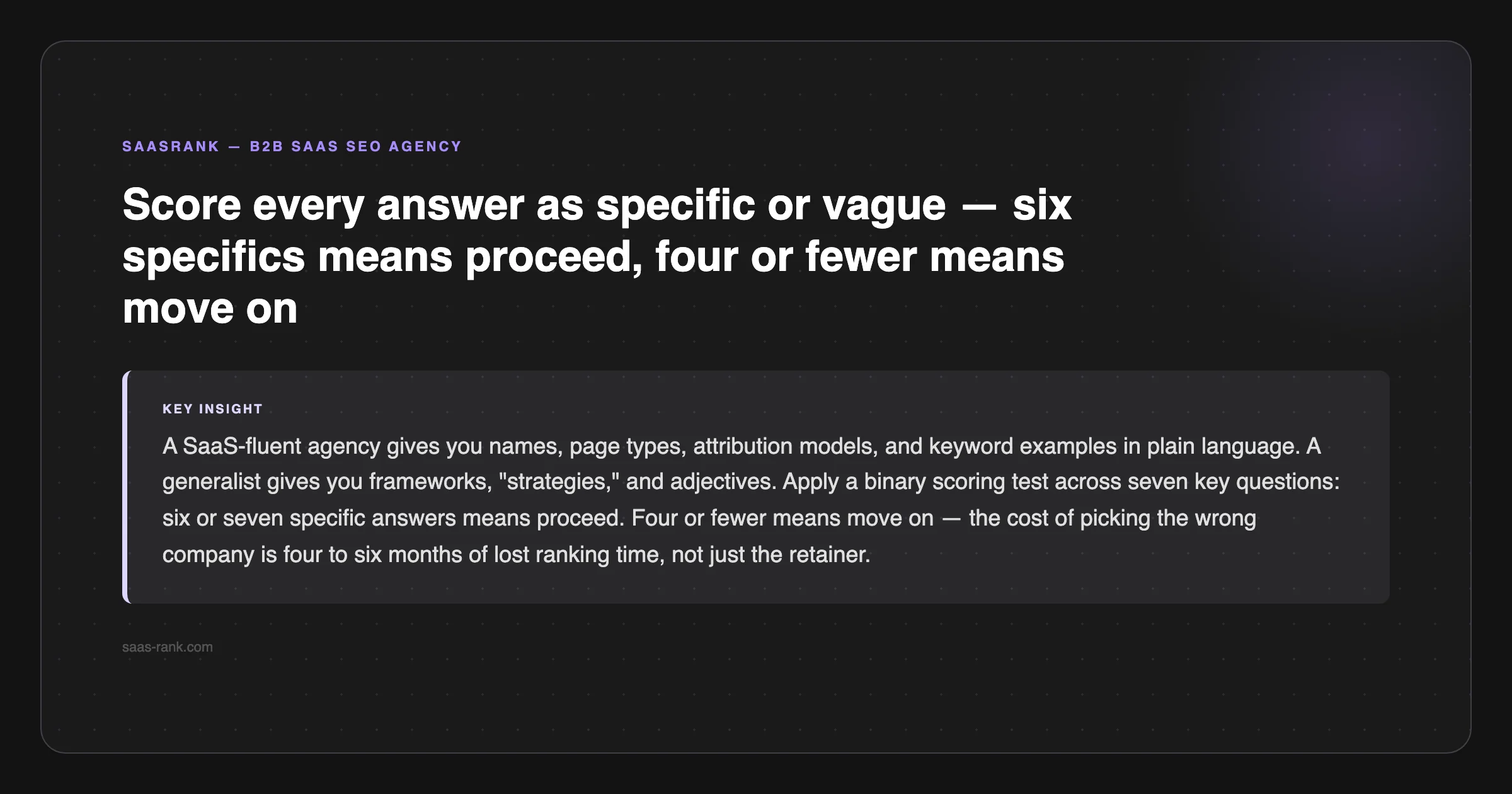 SaaSRank tip: Score every answer as specific or vague — six specifics means proceed, four or fewer means move on — saas-rank.com