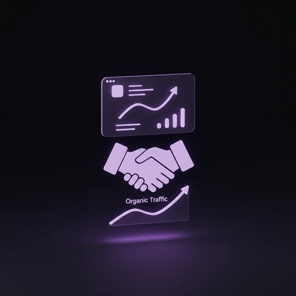 SaaSRank illustration: B2B handshake icon with SaaS product UI and organic traffic chart on dark editorial surface — saas-rank.com