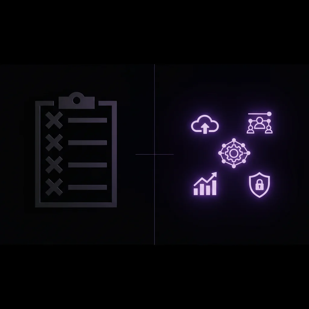 SaaSRank illustration: Generic crossed-out checklist versus glowing SaaS-specific niche icons on dark editorial surface — saas-rank.com