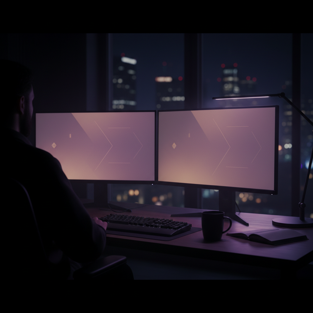 Cinematic hero of a modern developer's home office at night — two large monitors glowing soft lavender-purple gradient, a black ceramic coffee mug, minimal keyboard, sleek lamp, city skyline through the window — representing the definitive SaaS SEO expert workspace